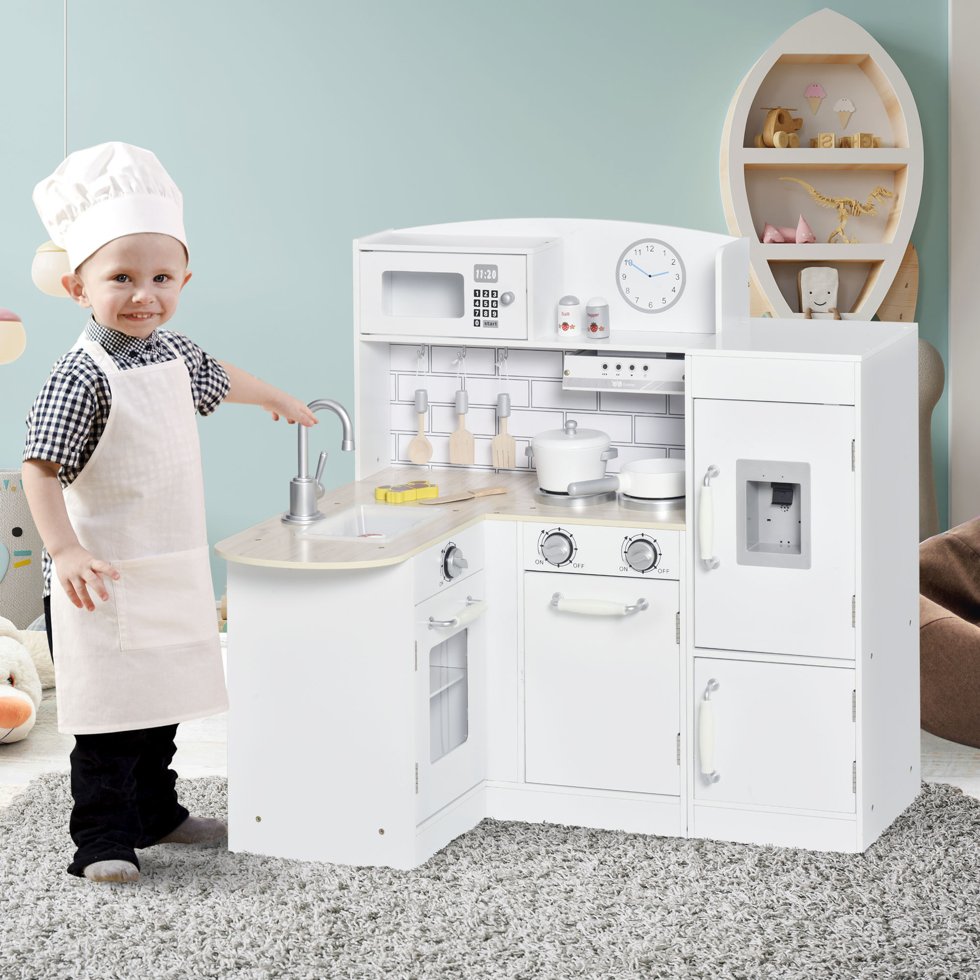 Corner Kids Kitchen Playset, Wooden Pretend Toy Kitchen Set with Drinking Fountain, Microwave, Fridge and Accessories, Pretend Play Kitchen for 3+ Years, White - Image 2