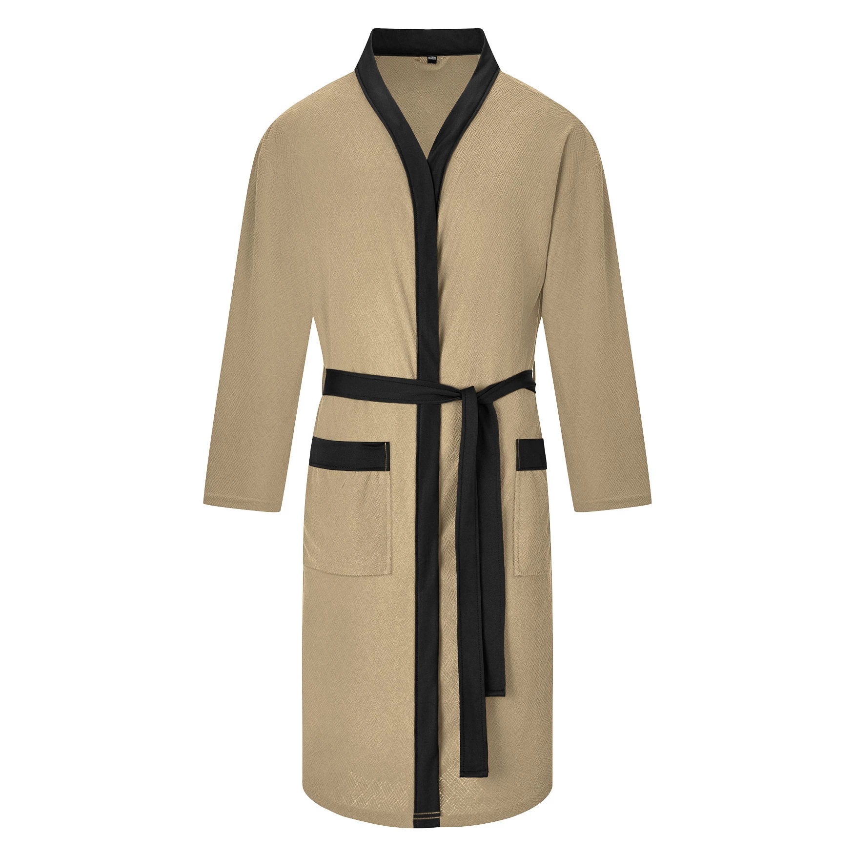 Mens Twill Terry Cloth Casual Long Robe With Two Pockets And Drawstring Tie - Image 5