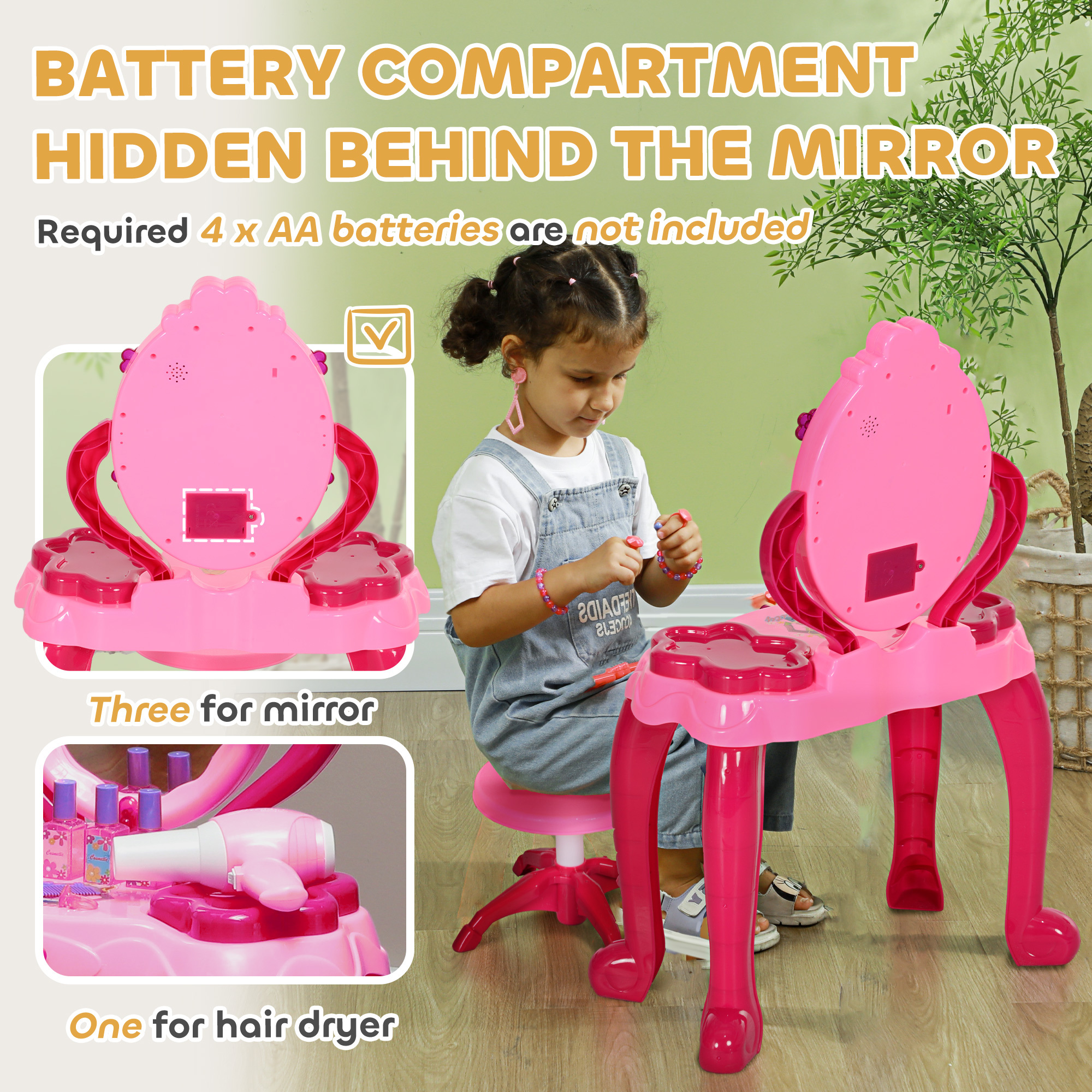 Kids Vanity Set with Mirror and Stool, Light and Sound, 15 Accessories, Pink - Image 6