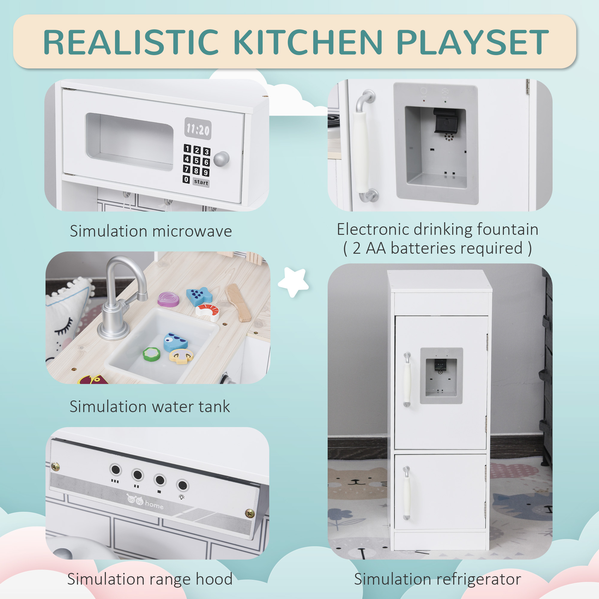 Corner Kids Kitchen Playset, Wooden Pretend Toy Kitchen Set with Drinking Fountain, Microwave, Fridge and Accessories, Pretend Play Kitchen for 3+ Years, White - Image 6