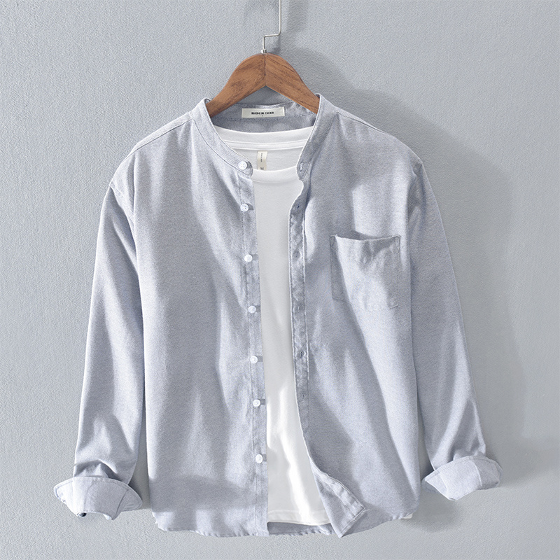 Fashion Stand-Up Collar Solid Color Simple Youth Long-Sleeved Cotton Shirt - Image 2