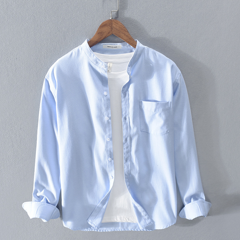 Fashion Stand-Up Collar Solid Color Simple Youth Long-Sleeved Cotton Shirt - Image 3