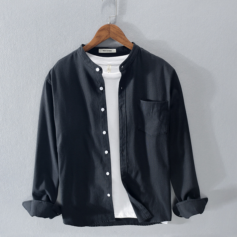Fashion Stand-Up Collar Solid Color Simple Youth Long-Sleeved Cotton Shirt - Image 4