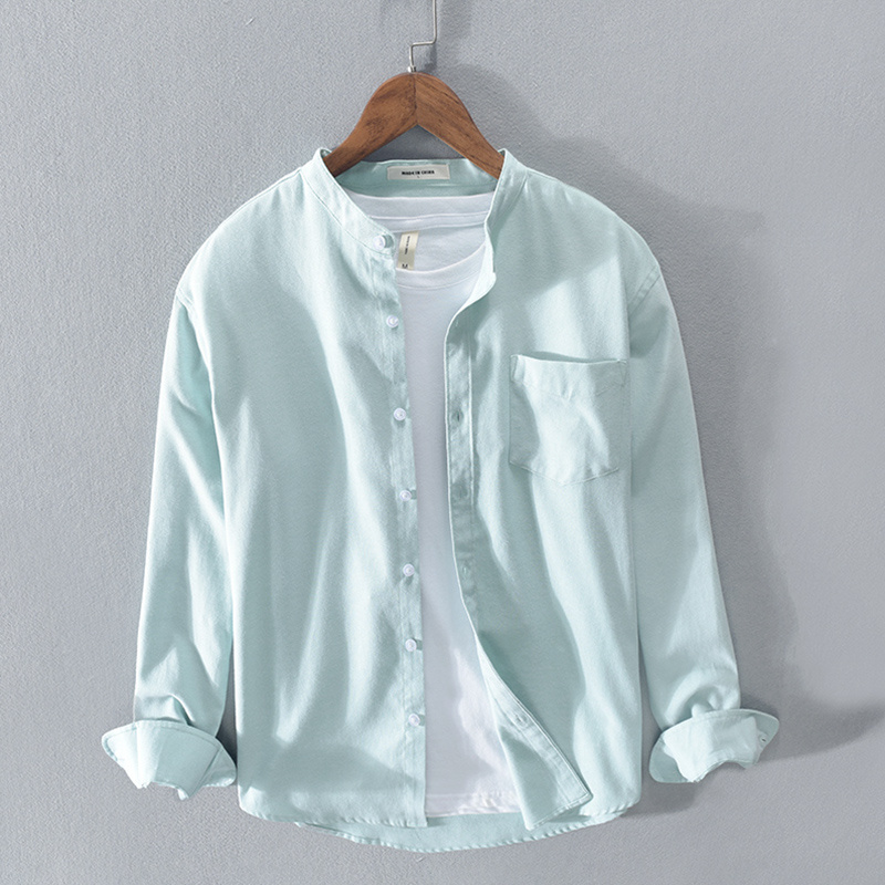 Fashion Stand-Up Collar Solid Color Simple Youth Long-Sleeved Cotton Shirt - Image 5