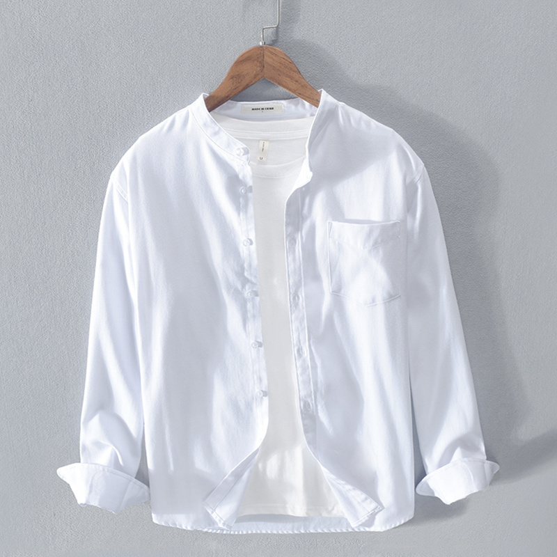 Fashion Stand-Up Collar Solid Color Simple Youth Long-Sleeved Cotton Shirt - Image 6