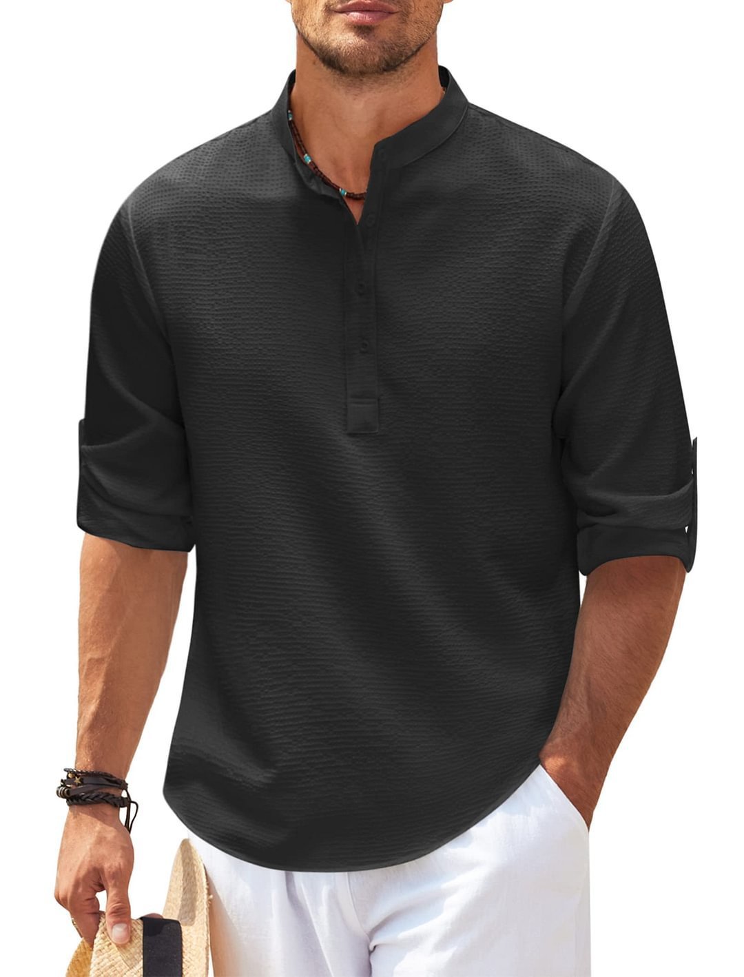 Men's Casual Shirt Long Sleeve Stand Collar Solid Color Shirt Mens Clothing - Image 5