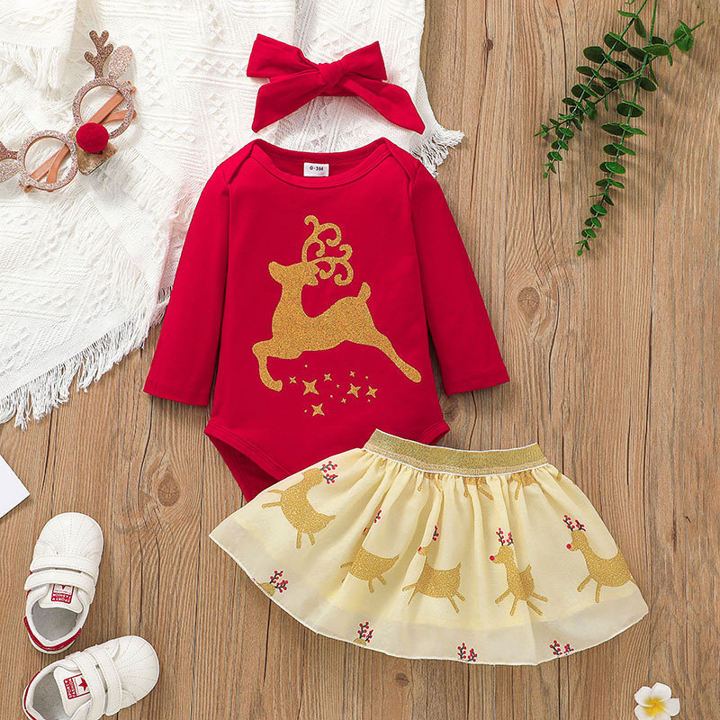 Baby Clothing Christmas Skirt Suit Baby Elk Printing Romper Short Skirt Two-piece Suit - Image 4