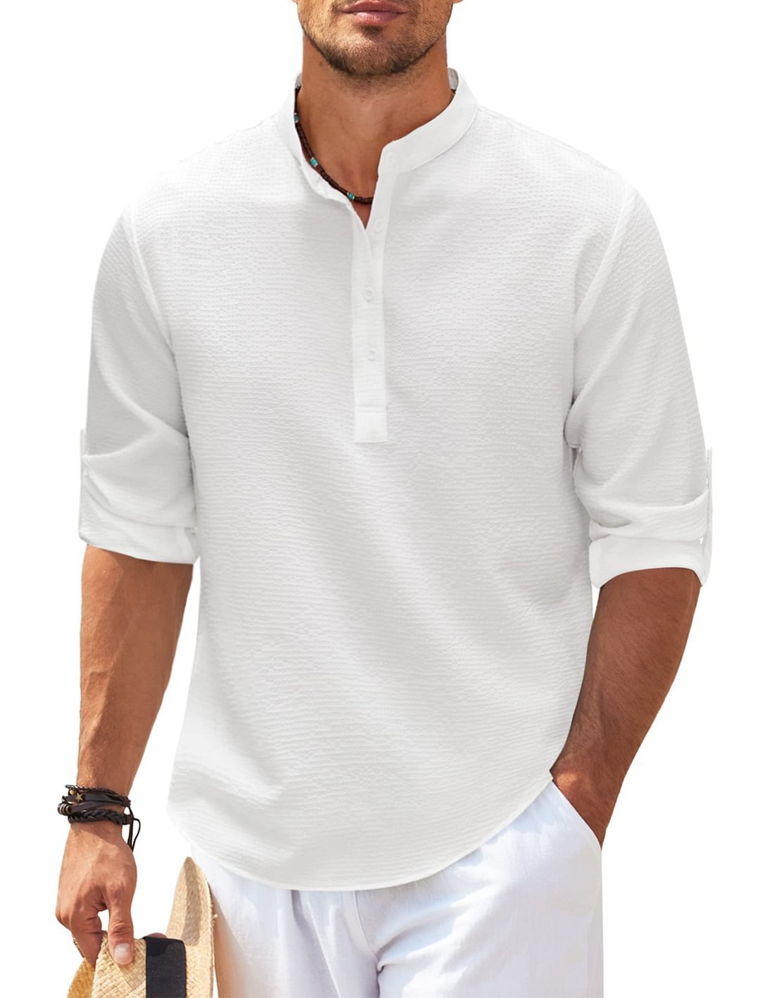 Men's Casual Shirt Long Sleeve Stand Collar Solid Color Shirt Mens Clothing - Image 4