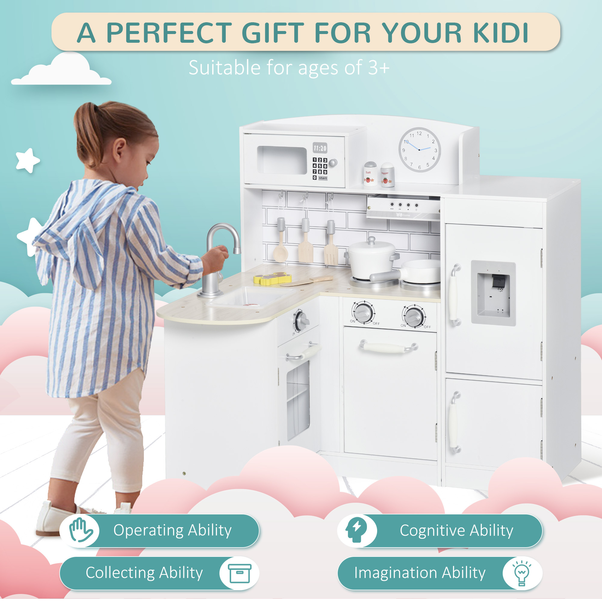 Corner Kids Kitchen Playset, Wooden Pretend Toy Kitchen Set with Drinking Fountain, Microwave, Fridge and Accessories, Pretend Play Kitchen for 3+ Years, White - Image 4