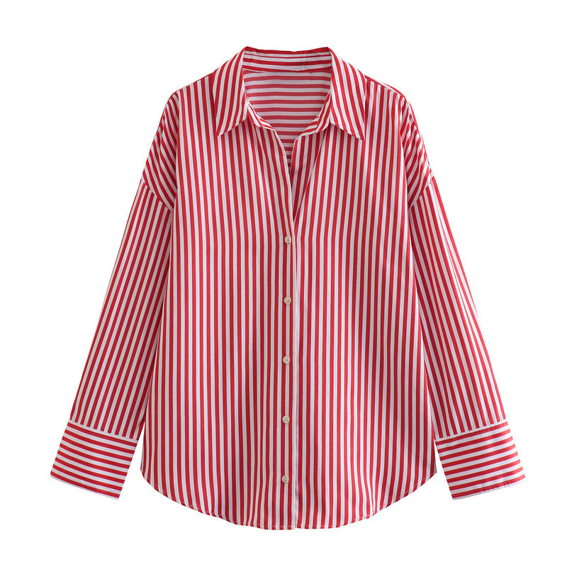 Autumn Women Clothing Printed Silk Satin Texture Drape Shirt - Image 5