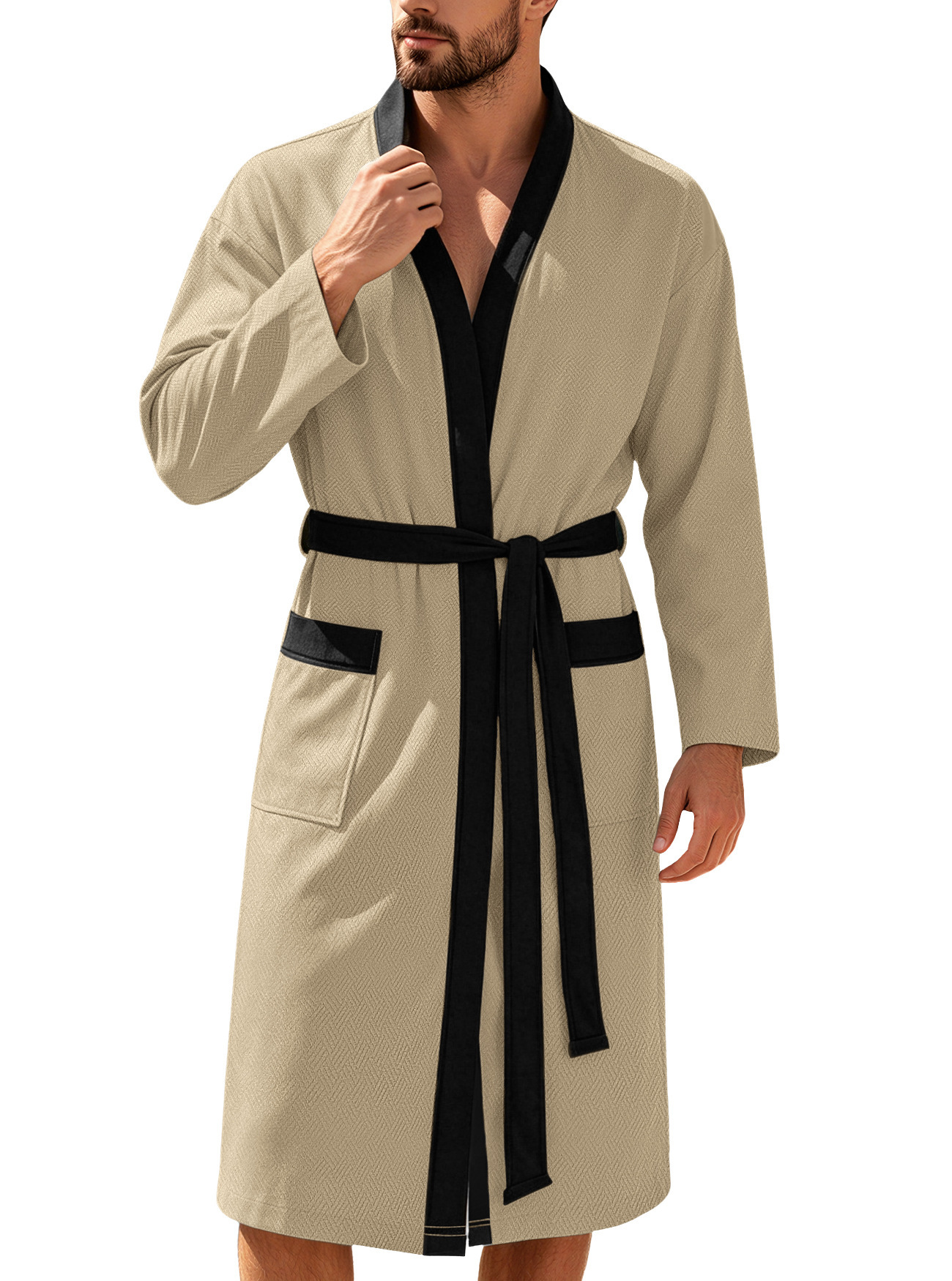 Mens Twill Terry Cloth Casual Long Robe With Two Pockets And Drawstring Tie - Image 9