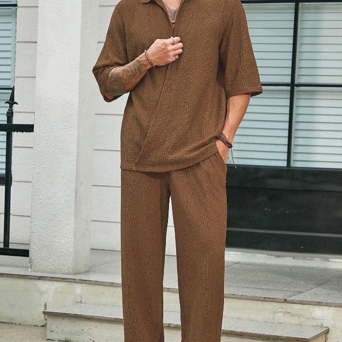Commuter Suits Summer Short-sleeved Top And Loose Straight Trousers Casual Outfits Outdoor Mens Clothing - Image 9