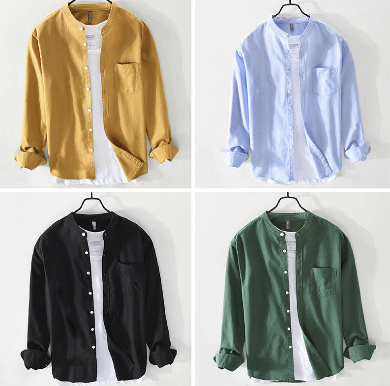 Fashion Stand-Up Collar Solid Color Simple Youth Long-Sleeved Cotton Shirt - Image 7