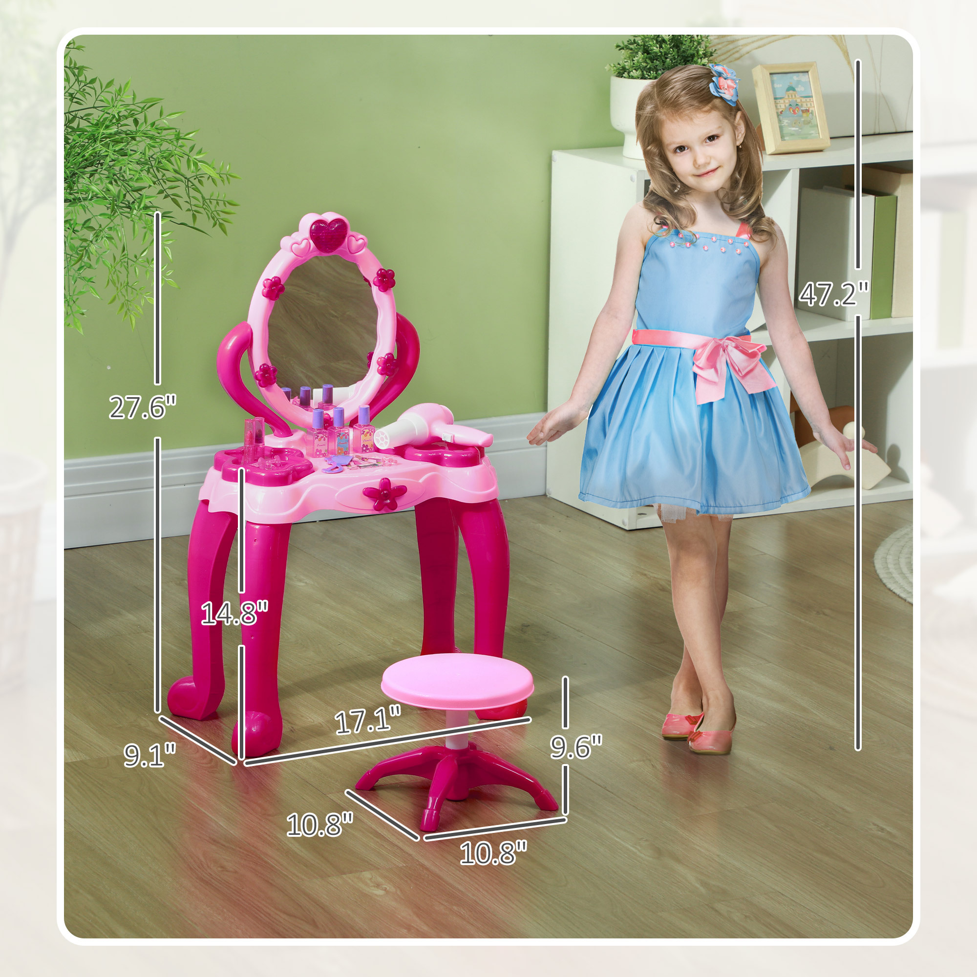 Kids Vanity Set with Mirror and Stool, Light and Sound, 15 Accessories, Pink - Image 3