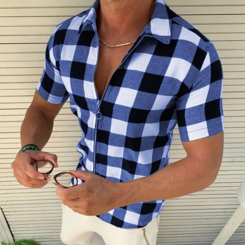 Plaid T Shirt Mens Zipper Short Sleeve Shirts Summer Men Clothing - Image 4
