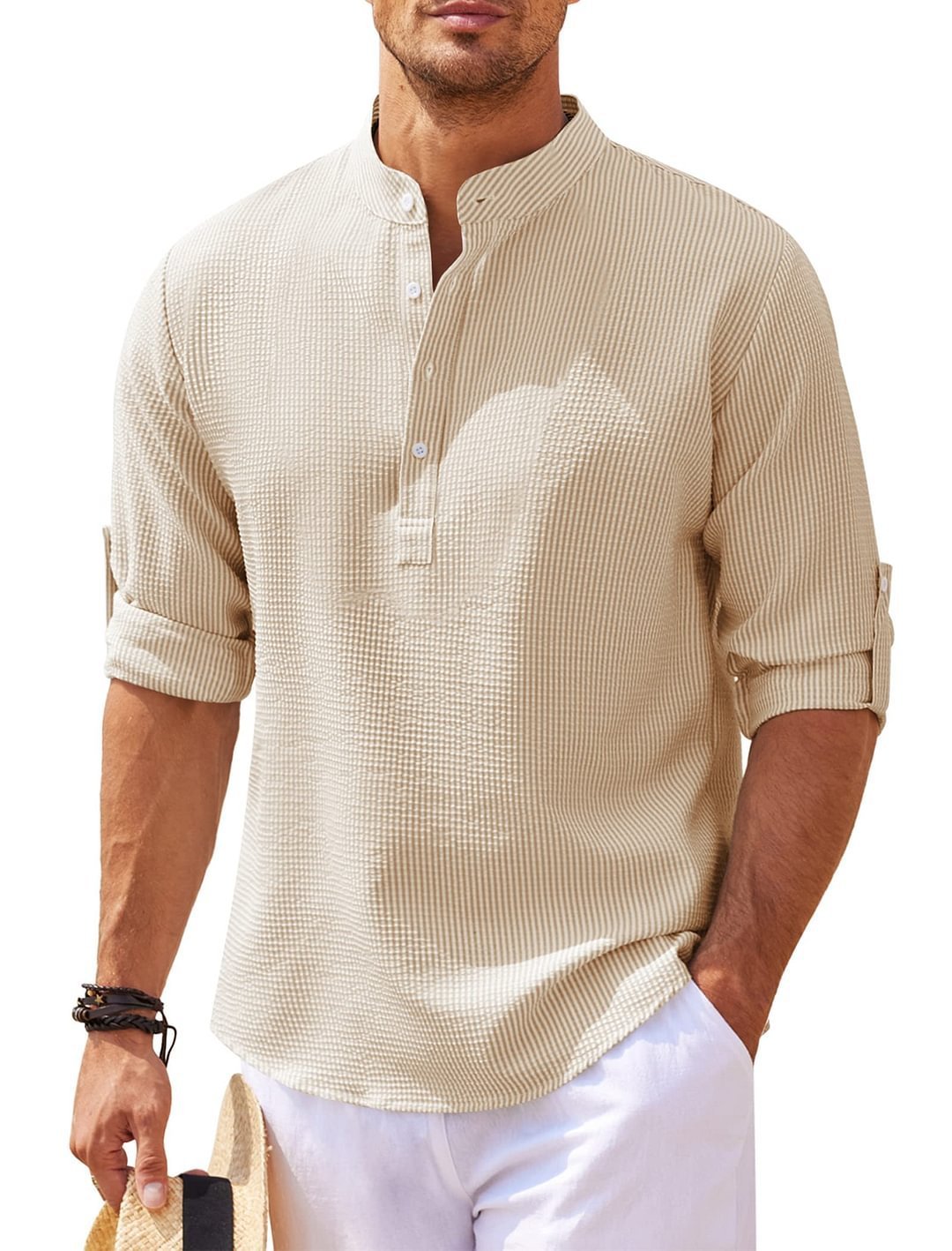 Men's Casual Shirt Long Sleeve Stand Collar Solid Color Shirt Mens Clothing - Image 9