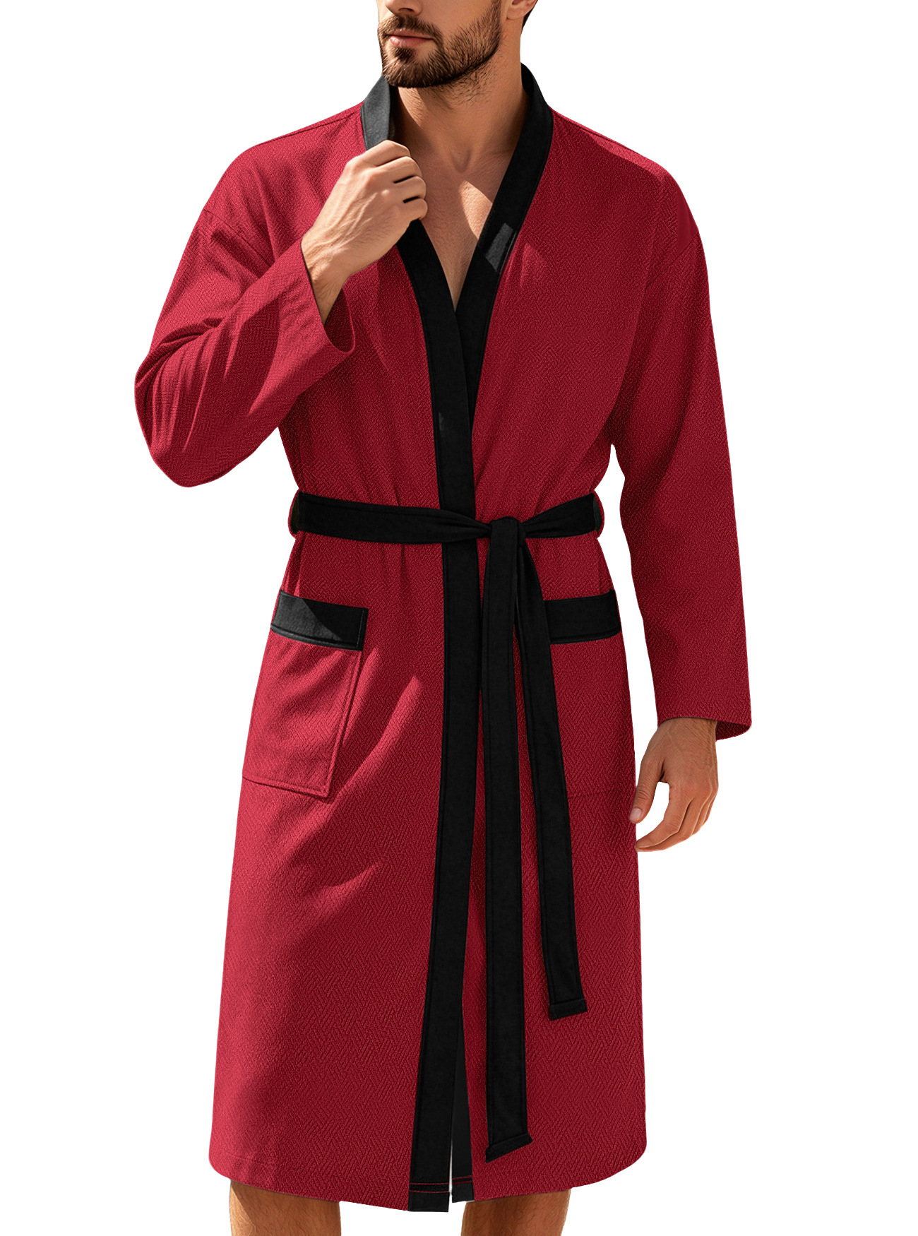 Mens Twill Terry Cloth Casual Long Robe With Two Pockets And Drawstring Tie - Image 8