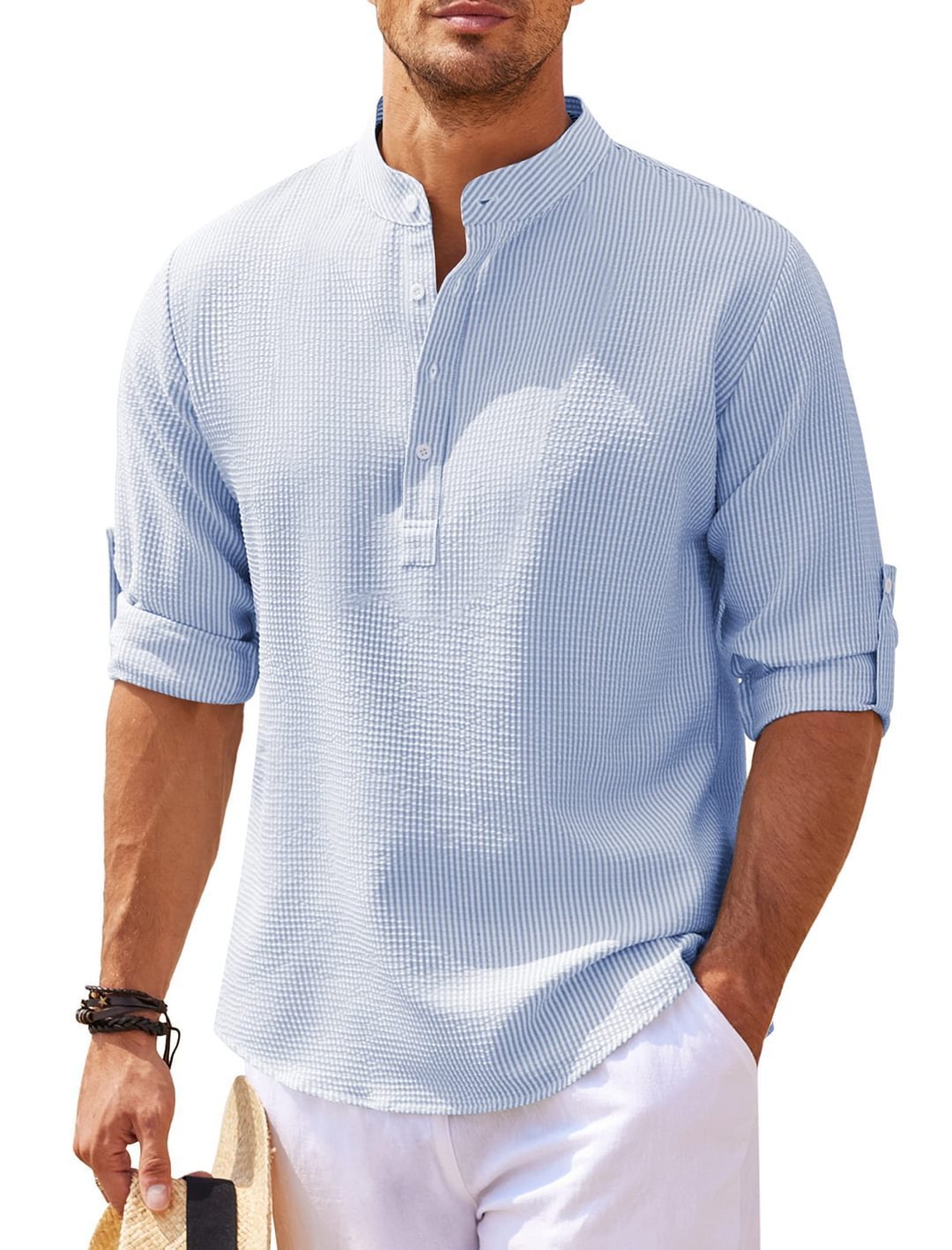Men's Casual Shirt Long Sleeve Stand Collar Solid Color Shirt Mens Clothing - Image 7