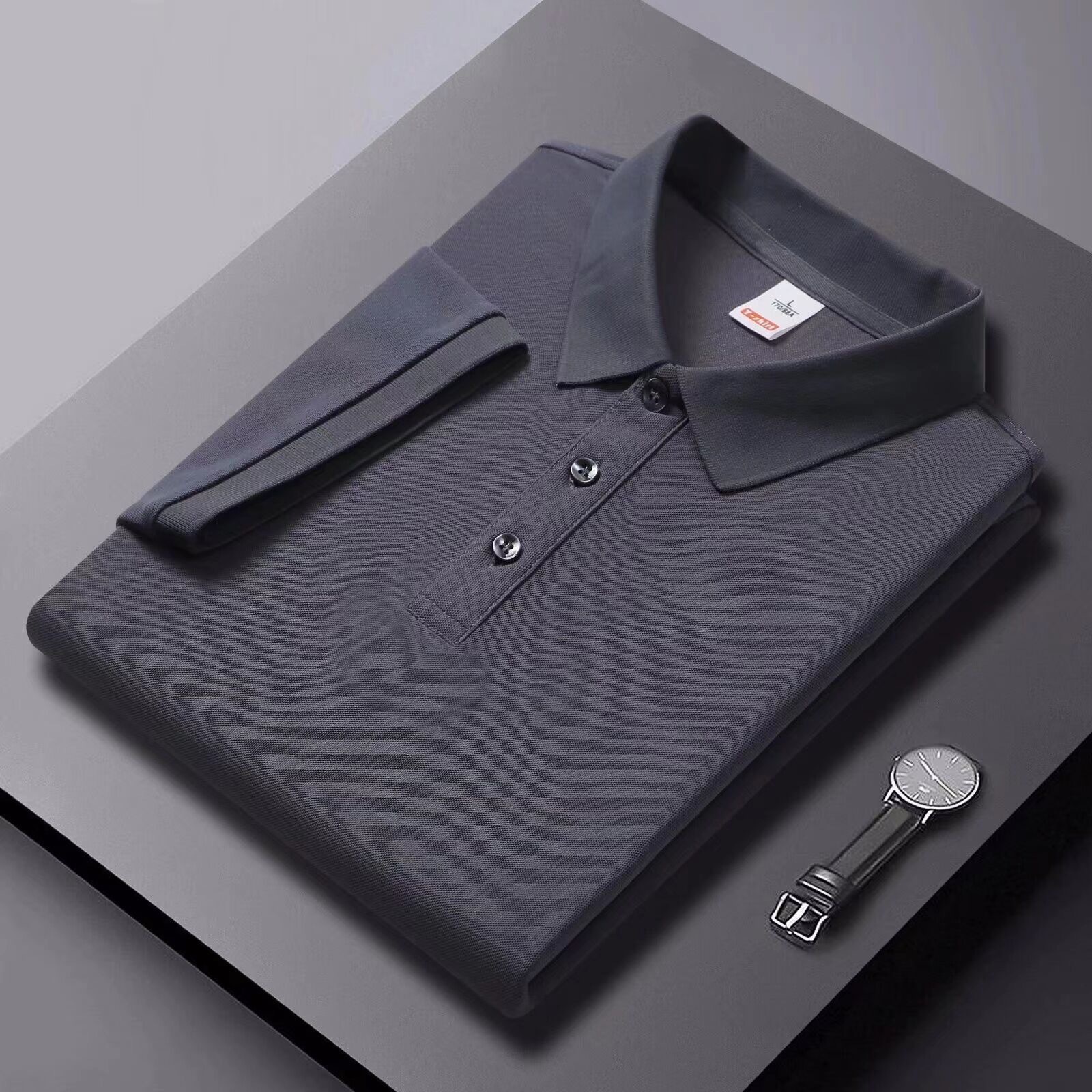 Solid-color Summer Mens Clothing Lapel Half-sleeve High-end Trendy Casual Plain Top - Image 9