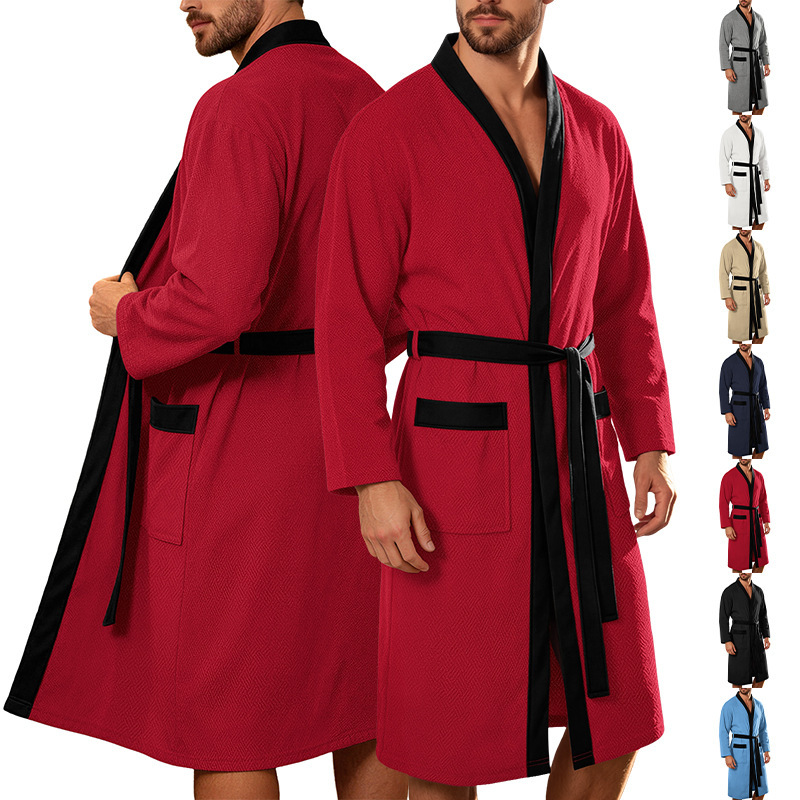Mens Twill Terry Cloth Casual Long Robe With Two Pockets And Drawstring Tie - Image 2