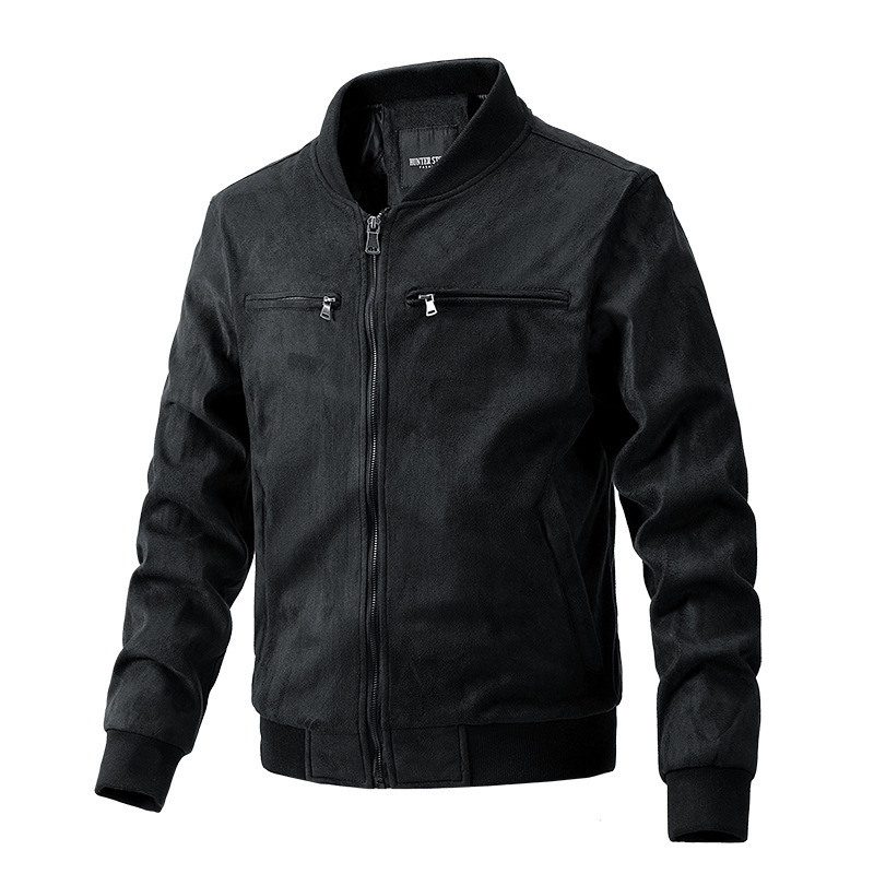 Suede Stand Collar Men's Jacket Double Zipper Pocket Clothing Mens - Image 5