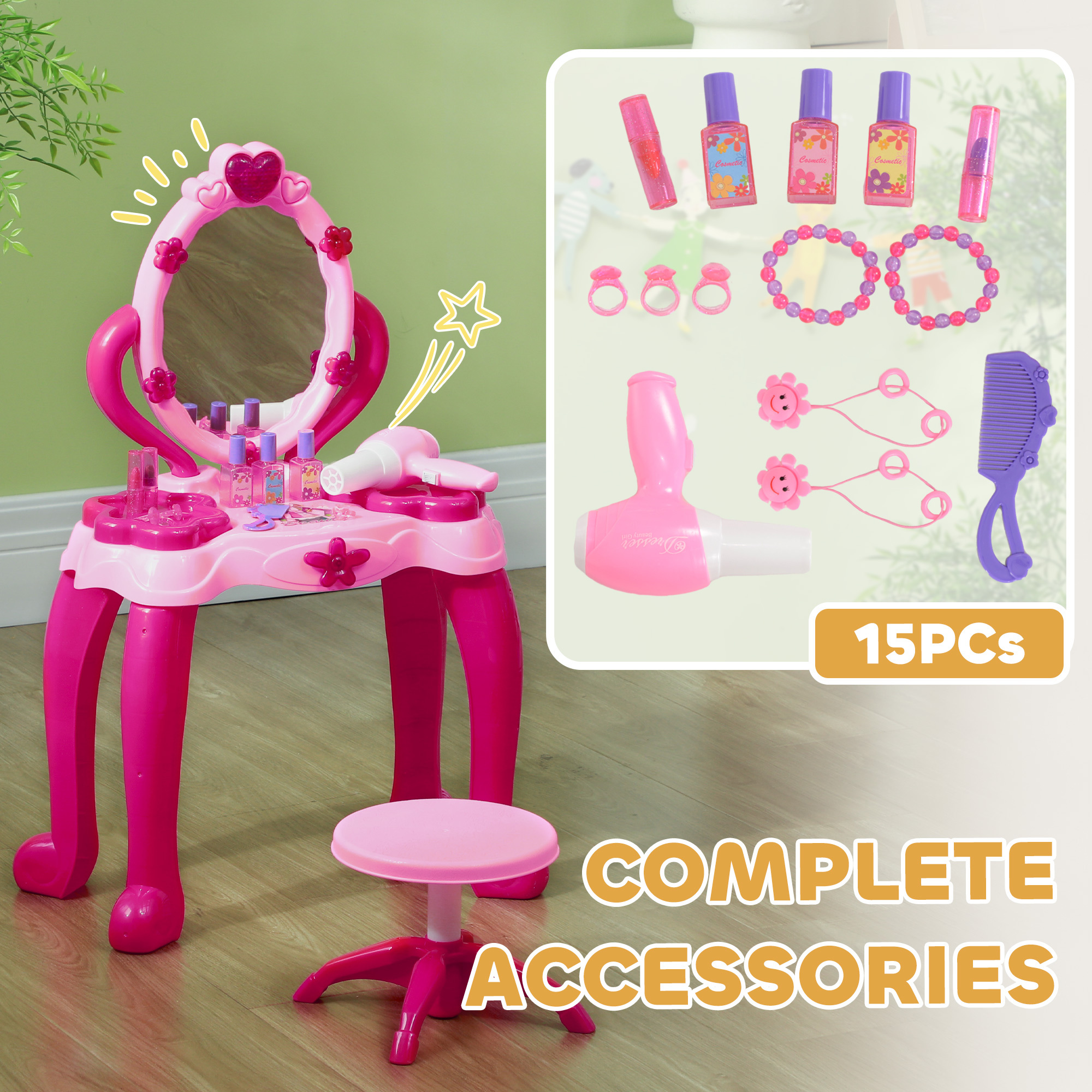 Kids Vanity Set with Mirror and Stool, Light and Sound, 15 Accessories, Pink - Image 7
