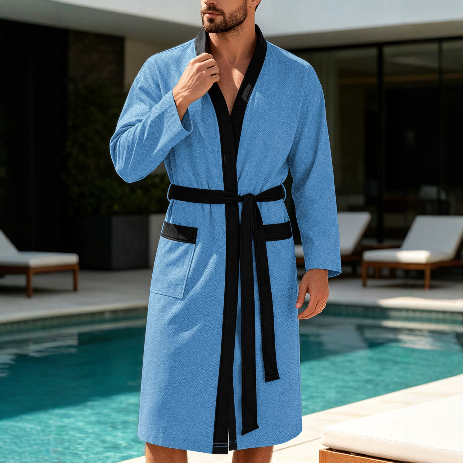 Mens Twill Terry Cloth Casual Long Robe With Two Pockets And Drawstring Tie - Image 4
