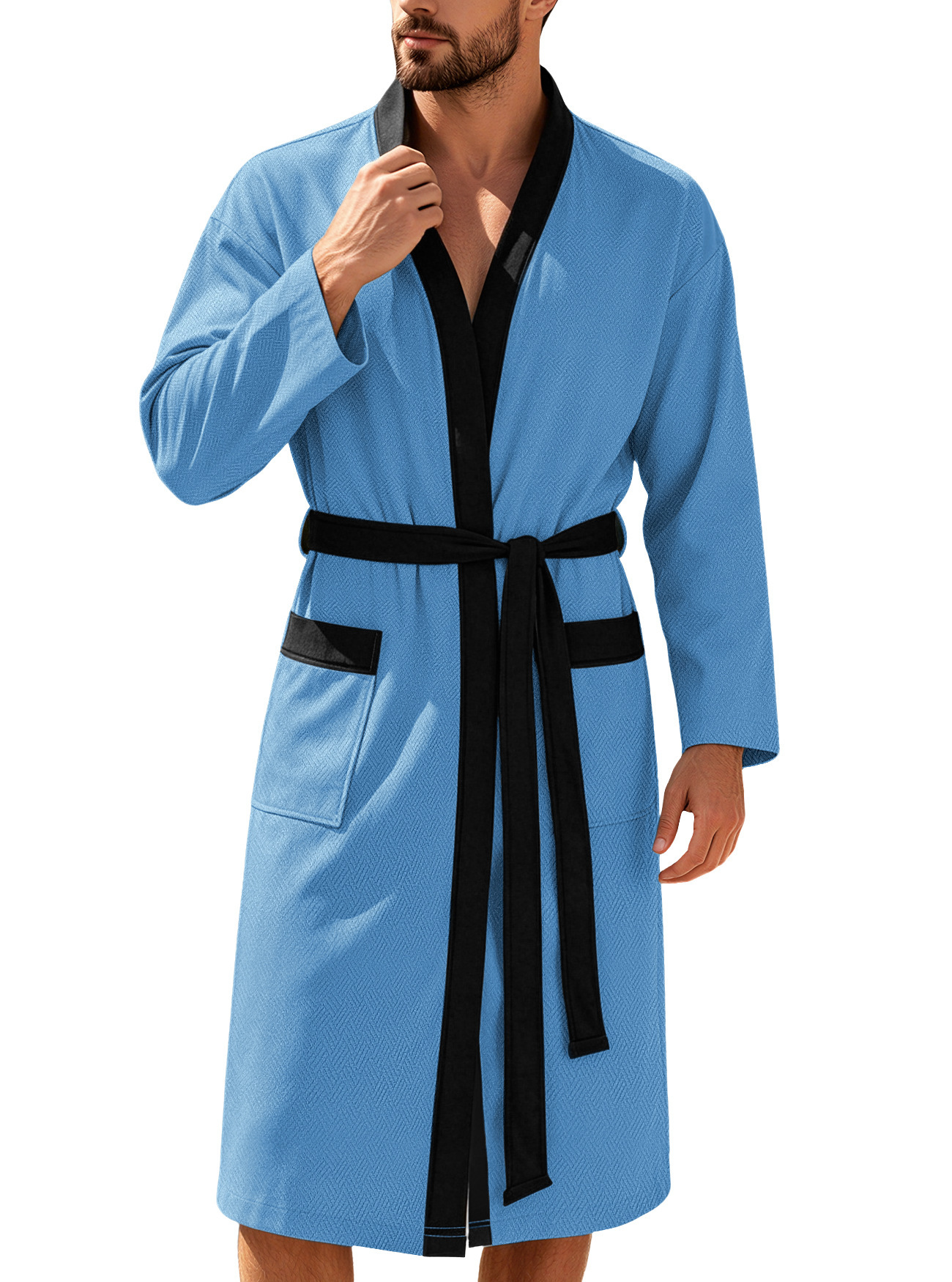 Mens Twill Terry Cloth Casual Long Robe With Two Pockets And Drawstring Tie - Image 10