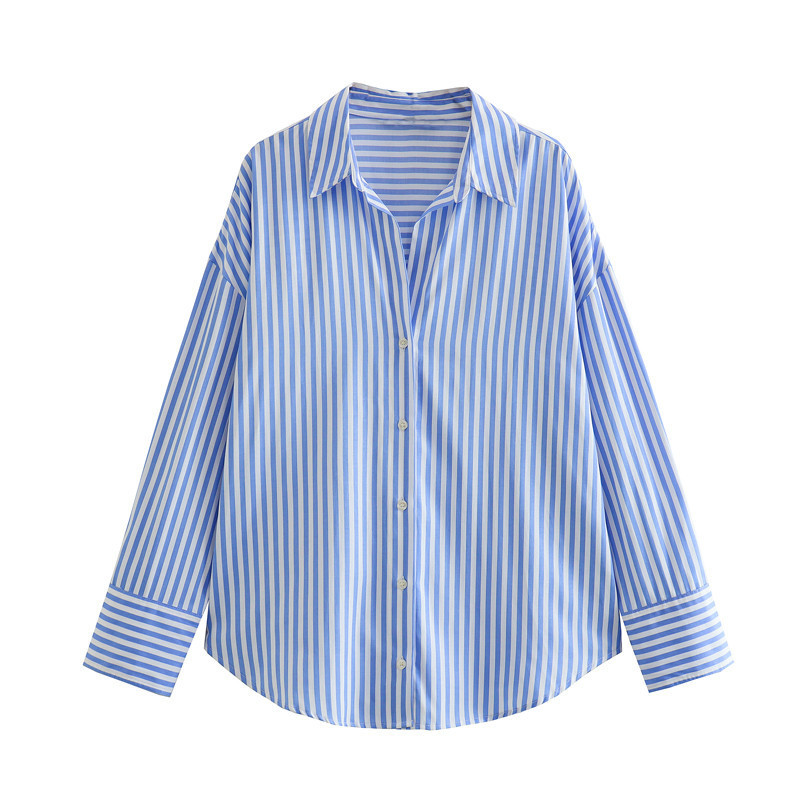Autumn Women Clothing Printed Silk Satin Texture Drape Shirt - Image 4