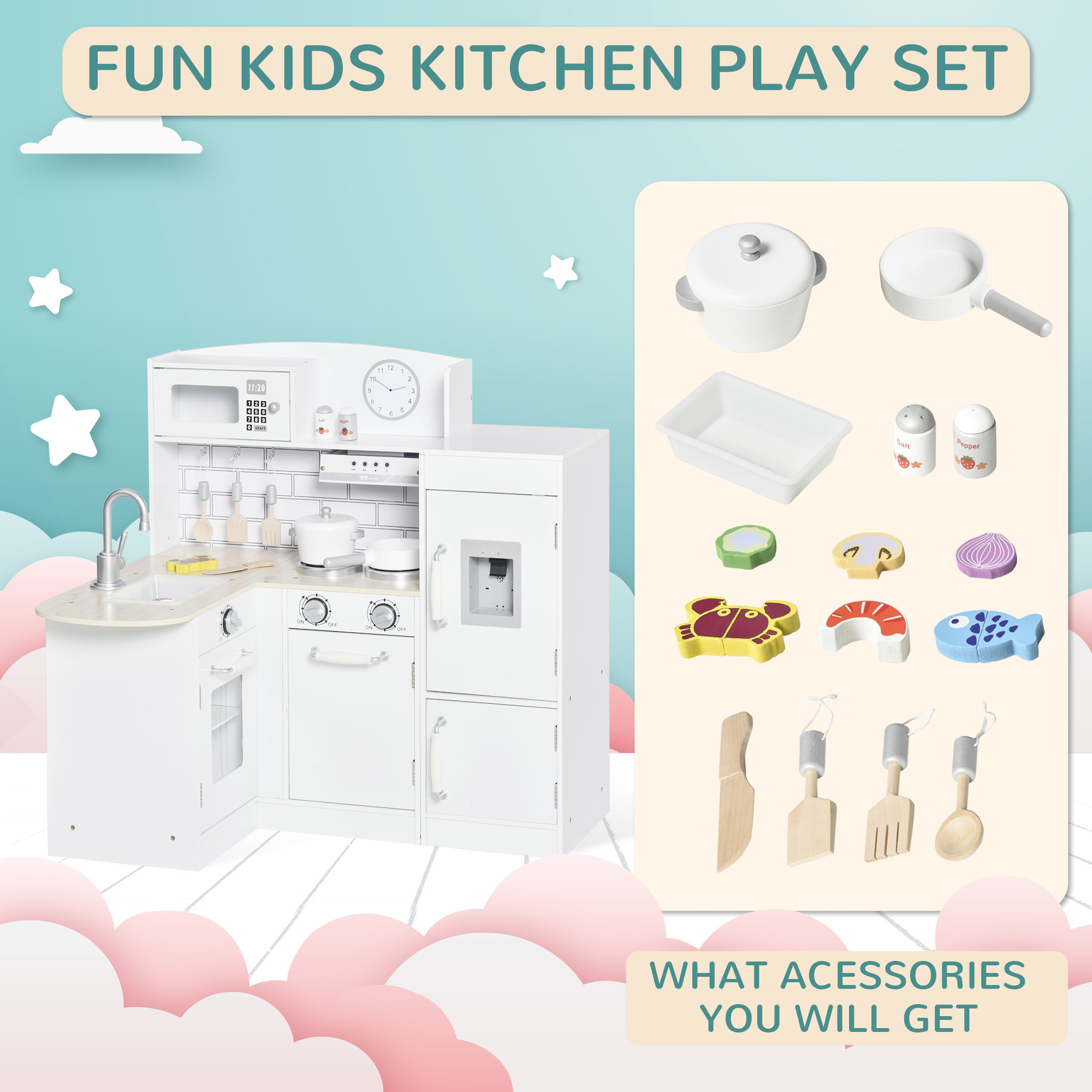 Corner Kids Kitchen Playset, Wooden Pretend Toy Kitchen Set with Drinking Fountain, Microwave, Fridge and Accessories, Pretend Play Kitchen for 3+ Years, White - Image 5