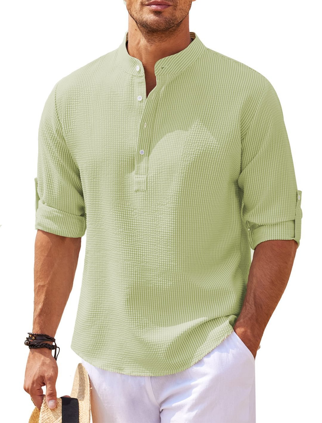 Men's Casual Shirt Long Sleeve Stand Collar Solid Color Shirt Mens Clothing - Image 6