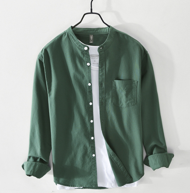 Fashion Stand-Up Collar Solid Color Simple Youth Long-Sleeved Cotton Shirt - Image 8