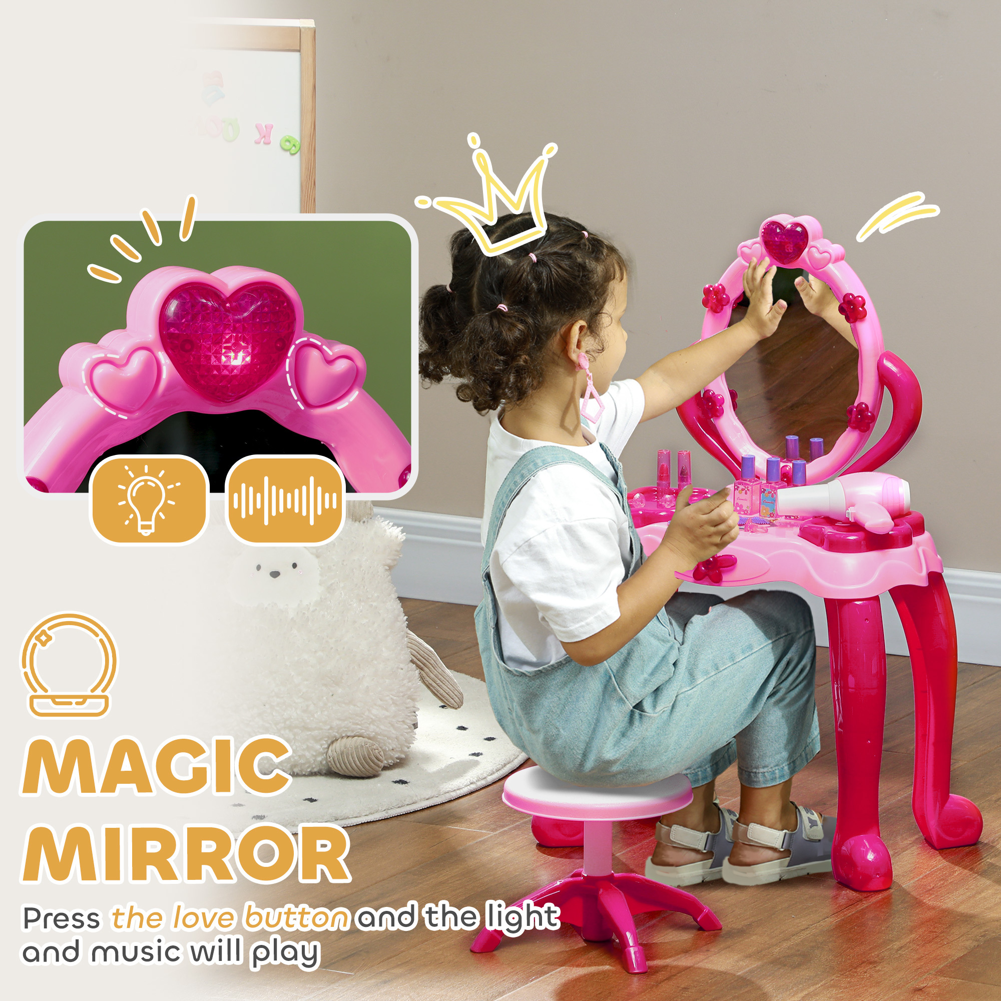 Kids Vanity Set with Mirror and Stool, Light and Sound, 15 Accessories, Pink - Image 4