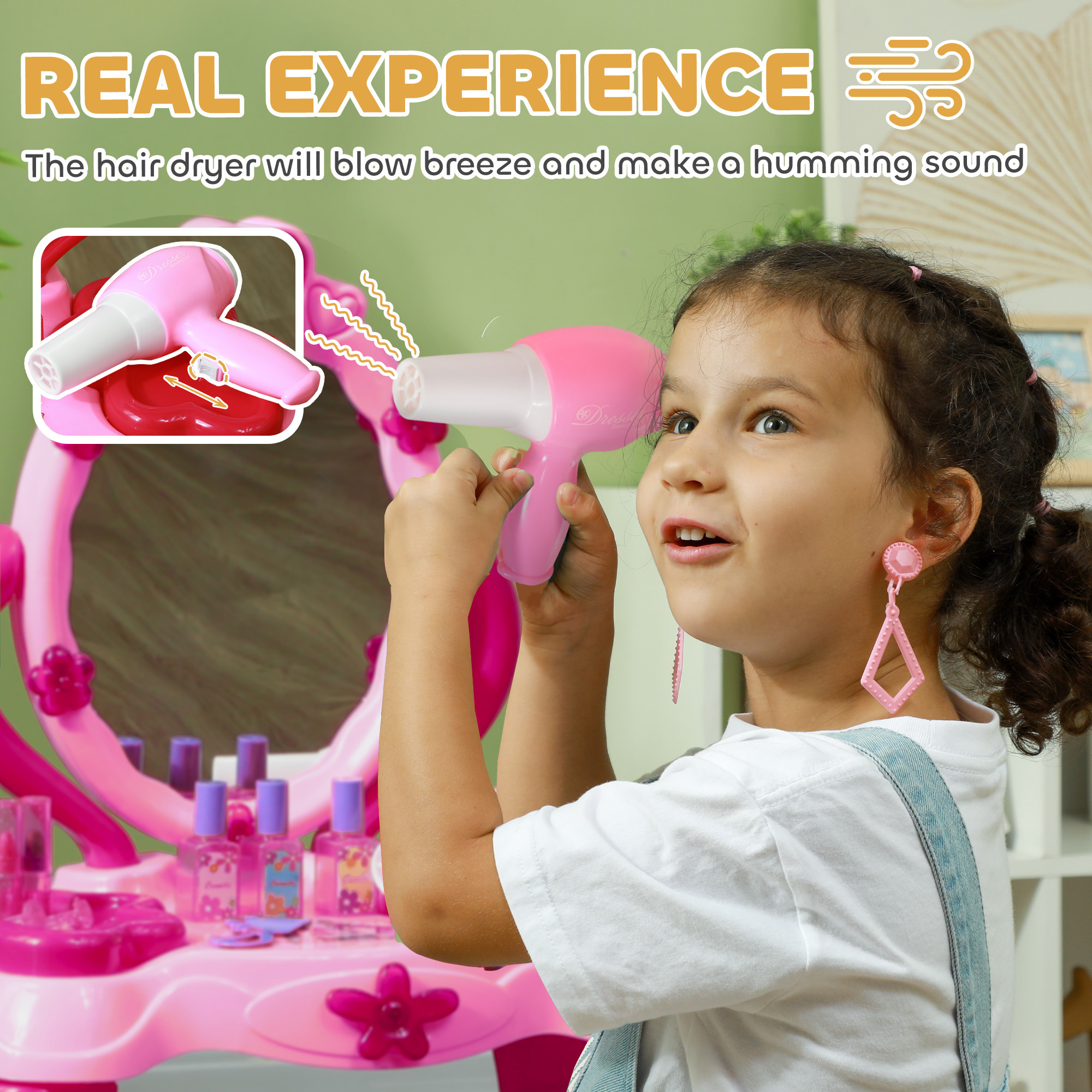 Kids Vanity Set with Mirror and Stool, Light and Sound, 15 Accessories, Pink - Image 5