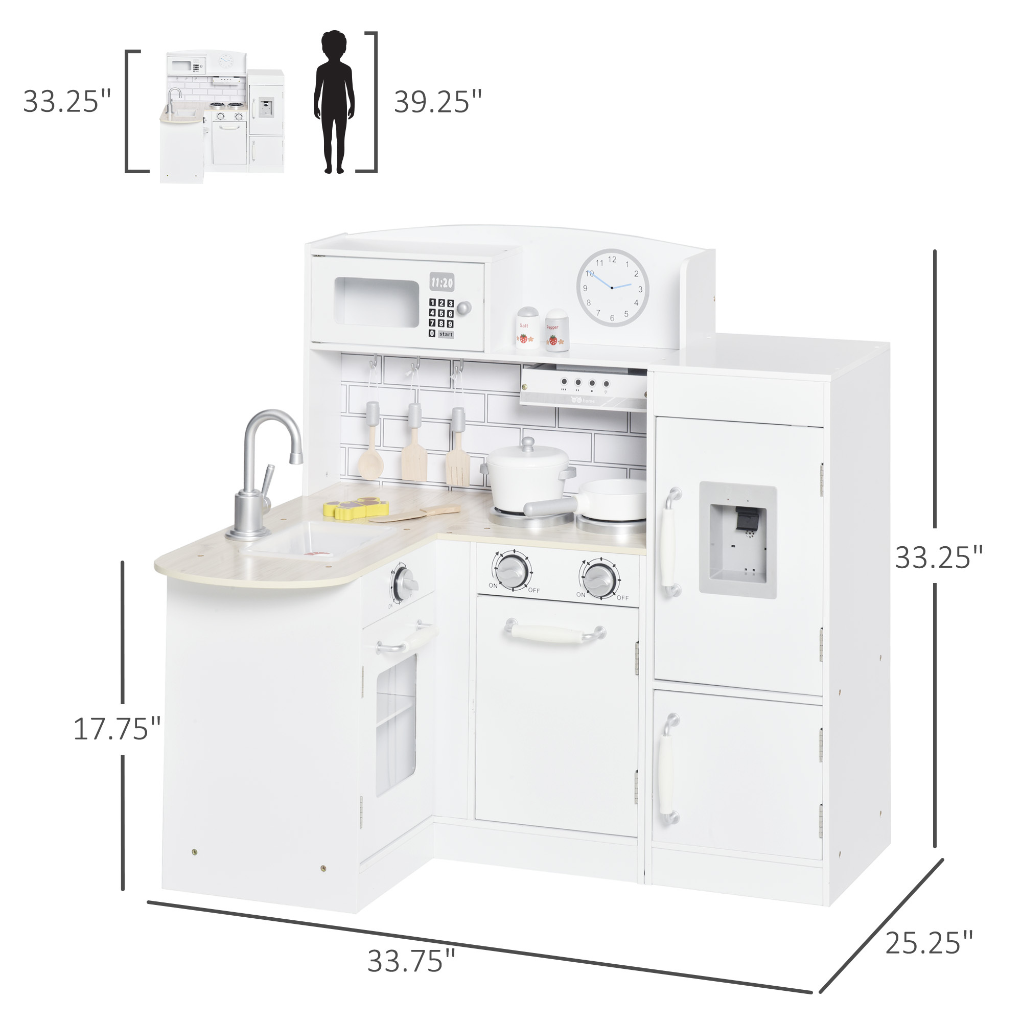 Corner Kids Kitchen Playset, Wooden Pretend Toy Kitchen Set with Drinking Fountain, Microwave, Fridge and Accessories, Pretend Play Kitchen for 3+ Years, White - Image 3