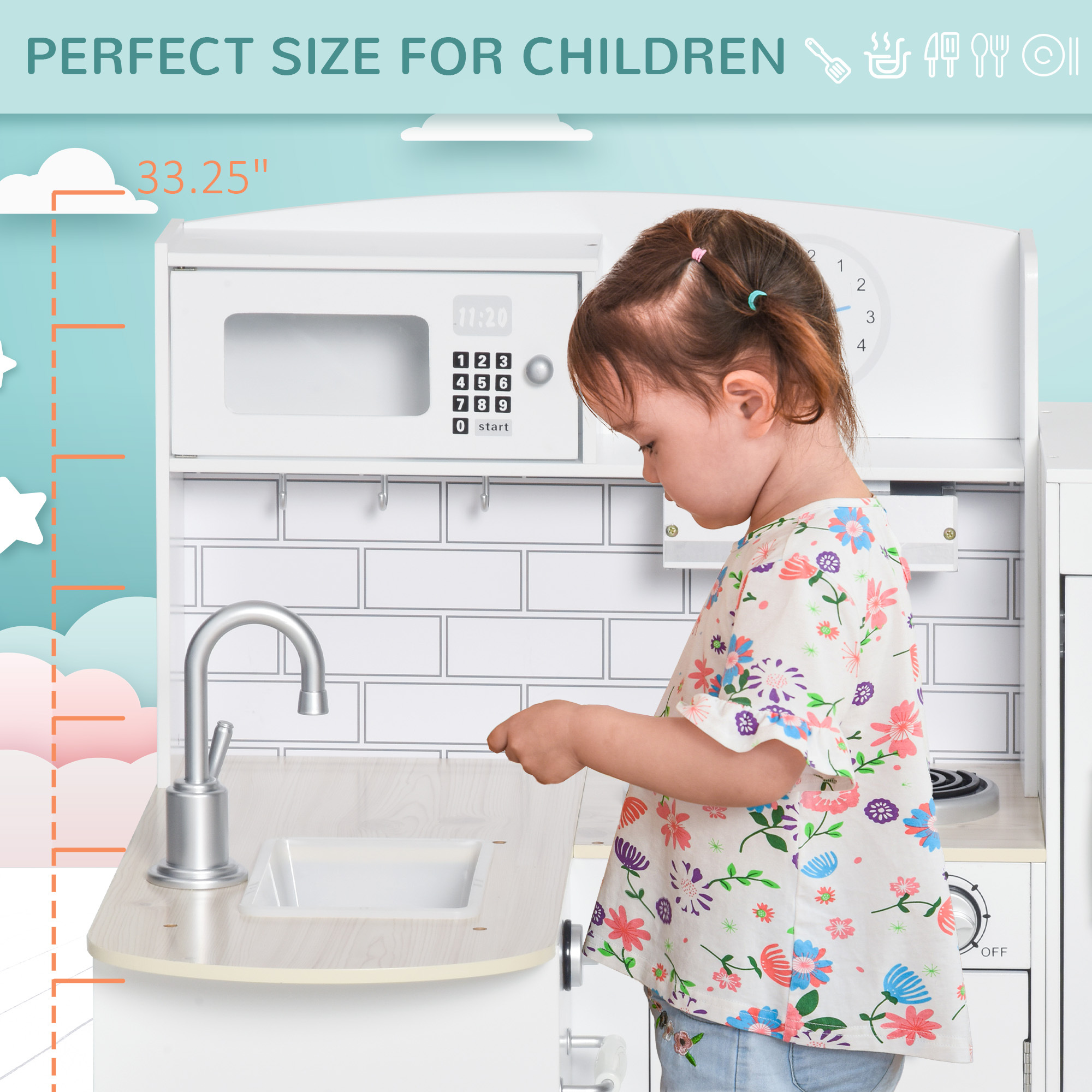 Corner Kids Kitchen Playset, Wooden Pretend Toy Kitchen Set with Drinking Fountain, Microwave, Fridge and Accessories, Pretend Play Kitchen for 3+ Years, White - Image 7