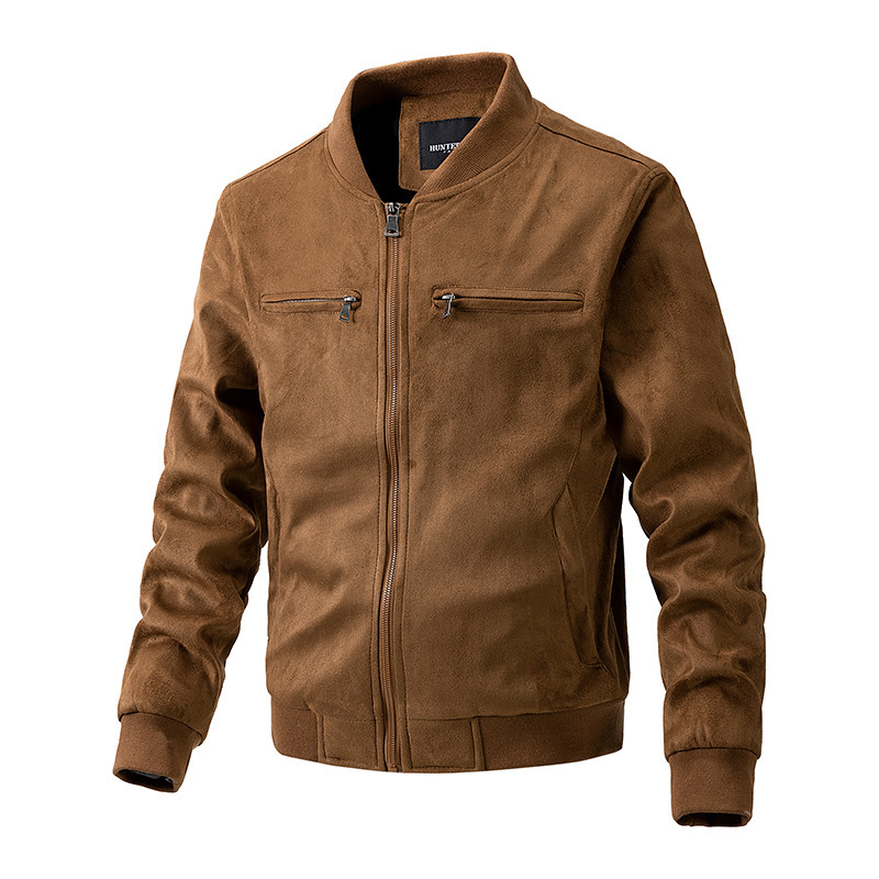 Suede Stand Collar Men's Jacket Double Zipper Pocket Clothing Mens - Image 2