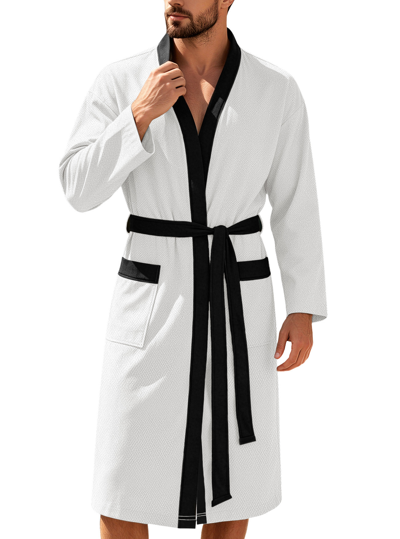 Mens Twill Terry Cloth Casual Long Robe With Two Pockets And Drawstring Tie - Image 6