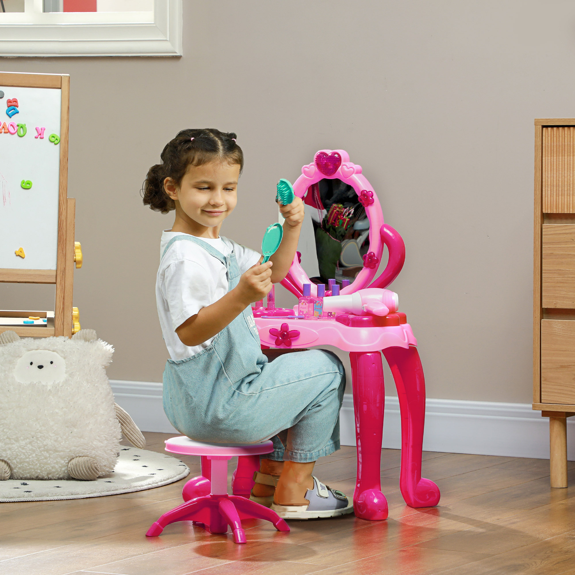 Kids Vanity Set with Mirror and Stool, Light and Sound, 15 Accessories, Pink - Image 2