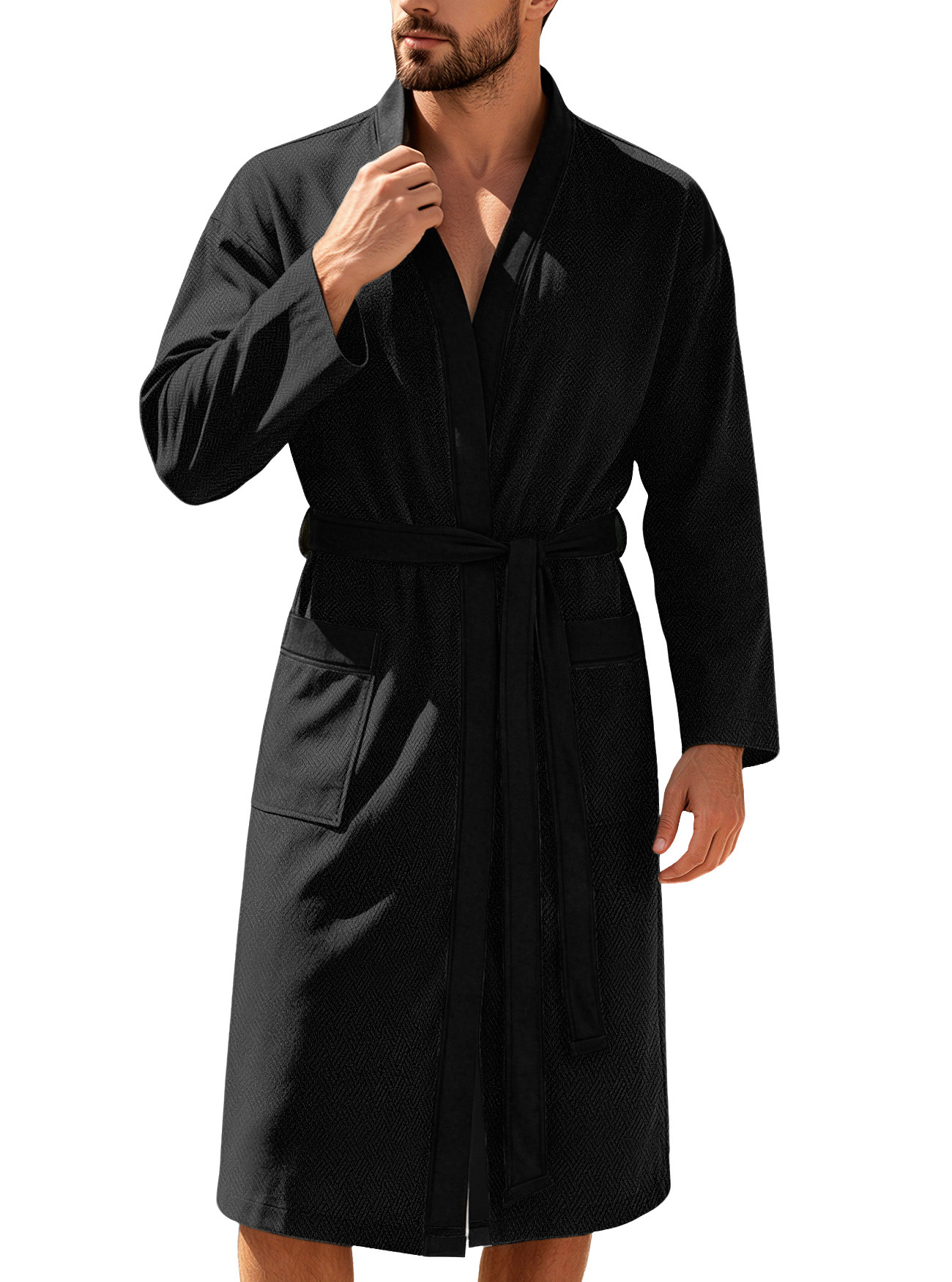 Mens Twill Terry Cloth Casual Long Robe With Two Pockets And Drawstring Tie - Image 7