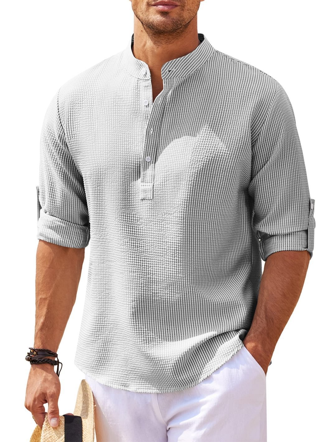 Men's Casual Shirt Long Sleeve Stand Collar Solid Color Shirt Mens Clothing - Image 8