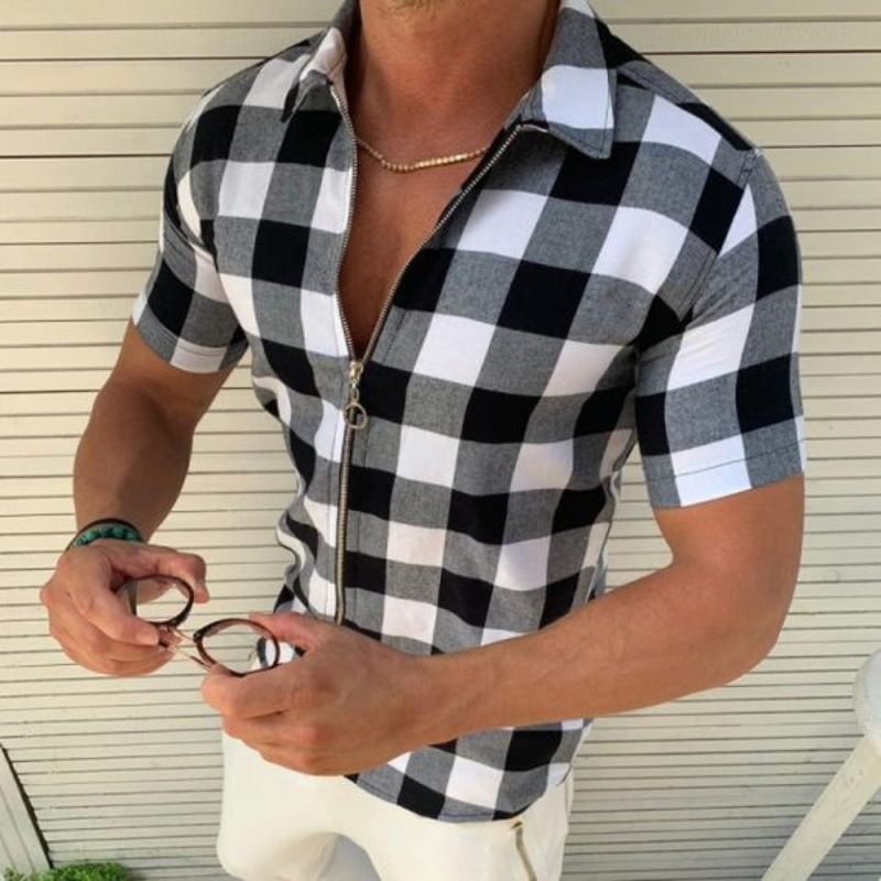 Plaid T Shirt Mens Zipper Short Sleeve Shirts Summer Men Clothing - Image 3